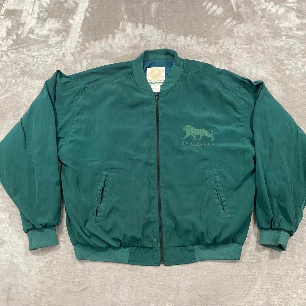 Vintage MGM Grand Jacket Mens Medium Green Bomber Las Vegas Hotel 80s